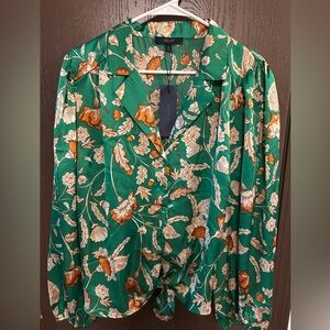 Eclair Floral Green satin long sleeve blouse XL